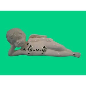 Reclining Ceramic Cherub Angel Figurine With Shamrock Accents